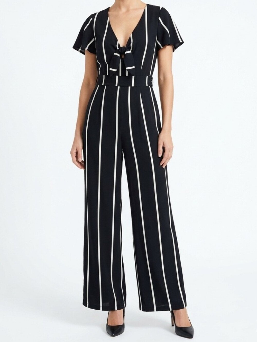 Crystal Sky Junior's Navy Striped V-Neck Tie Detail Jumpsuit Size 7